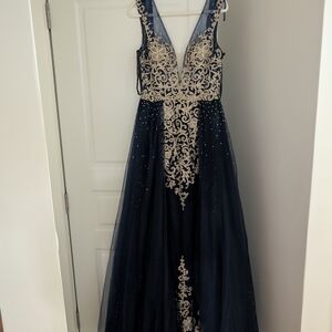 JVN by Jovani Blue V-Neck Sleeveless Gown